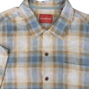 Tommy Bahama Mens Large Silk Plaid Tropical Jacquard Camp Shirt Yellow Blue L/G